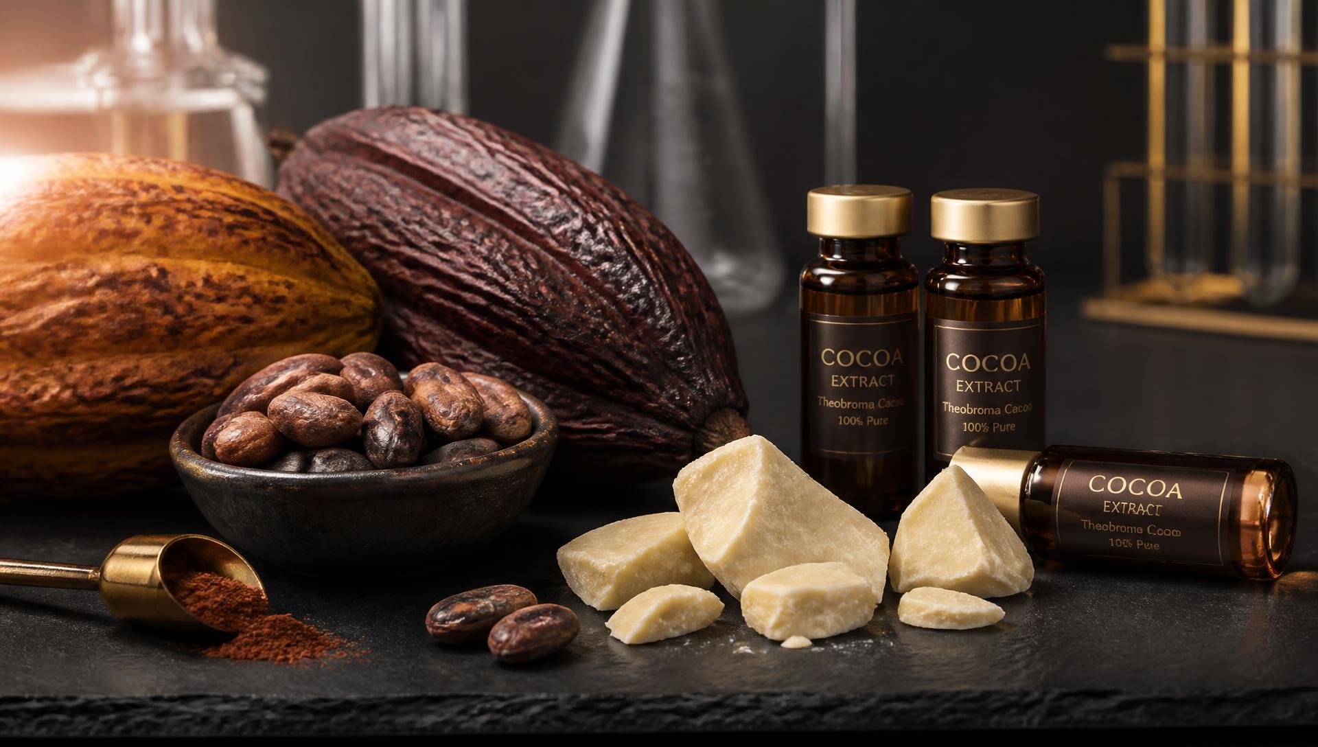 Cocoa pods, beans, cocoa butter and extract vials on a dark laboratory surface
